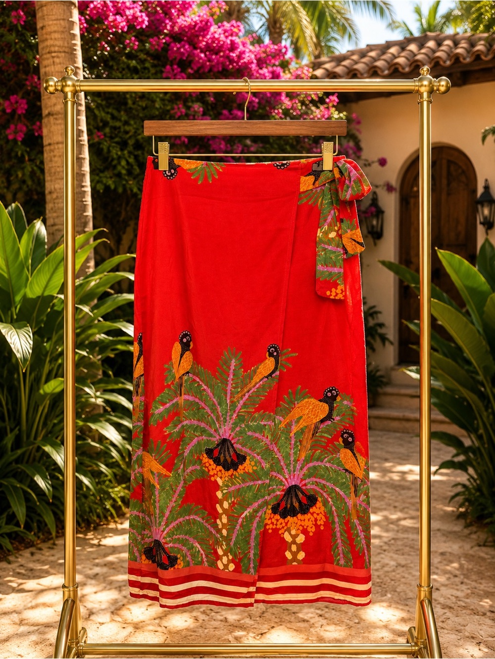 Made in Italy Red Tropical Parrot Wrap Skirt - OS
